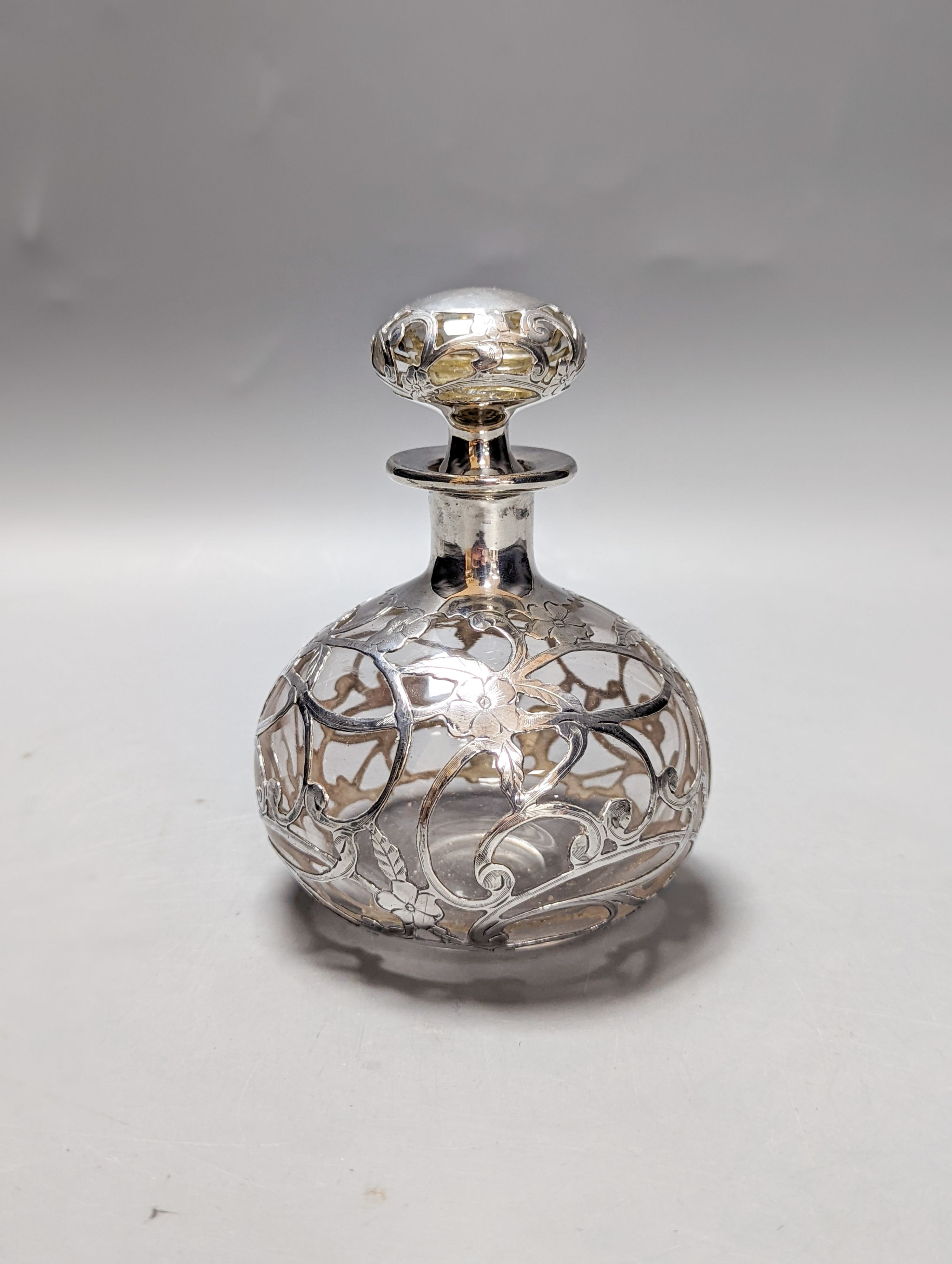 A sterling silver overlaid glass scent bottle 12.5cm